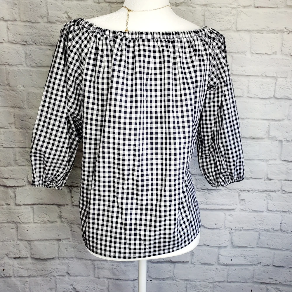 Black White Checkered Peasant Top 3/4 Sleeves | Gingham | Medium - Picture 3 of 13